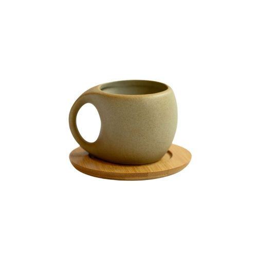 Beige Mug and Wooden Saucer Set